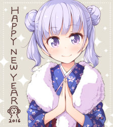 Rule 34 | 1girl, 2016, alternate hairstyle, blush, dot nose, double bun, grey background, happy new year, japanese clothes, kimono, looking at viewer, monkey, new game!, new year, official art, own hands together, purple eyes, purple hair, smile, solo, sparkle, suzukaze aoba, tokunou shoutarou, twintails