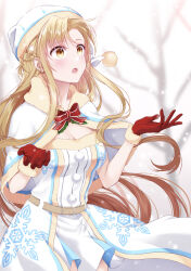 Rule 34 | 1girl, :o, absurdres, alternate costume, asuna (sao), bare tree, belt, blue capelet, blue dress, blue hat, blush, bow, bowtie, braid, breasts, brown belt, capelet, cleavage, dress, french braid, fur-trimmed capelet, fur-trimmed gloves, fur trim, gloves, hair ornament, hands up, hat, highres, istriri, light brown hair, long hair, medium breasts, nightcap, open mouth, orange eyes, outdoors, pom pom (clothes), red bow, red bowtie, red gloves, shrug (clothing), snowflake hair ornament, snowing, solo, sword art online, tree, upper body, white capelet, white dress, white hat, winter