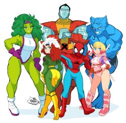 Rule 34 | 3boys, 3girls, antenna hair, armor, ass, backpack, bag, beast (x-men), belt buckle, biceps, big hair, black hair, black headband, blonde hair, blue bodysuit, blue eyes, blue skin, bodysuit, boots, breasts, buckle, colored skin, colossus (x-men), cracking knuckles, cropped jacket, finger wagging, flexing, full body, gloves, gradient hair, greaves, green eyes, green hair, green jacket, green skin, gwenpool, hand on own hip, hand on own thigh, headband, height difference, highres, hood, hood down, hooded leotard, in-franchise crossover, jacket, knee boots, knee pads, large breasts, leotard, long hair, marvel, medium breasts, metal skin, multicolored bodysuit, multicolored clothes, multicolored hair, multiple boys, multiple girls, muscular, muscular female, muscular male, no pupils, pink hair, purple gloves, purple headband, red hair, rogue (x-men), she-hulk, shoes, short hair, sideboob, sneakers, sonchapo, spider-man, spider-man (series), split-color hair, superhero costume, tiptoes, tusks, two-tone hair, weapon, weapon on back, white hair, white leotard, x-men, yellow footwear, yellow gloves