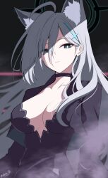 Rule 34 | 1girl, absurdres, ahoge, animal ear fluff, animal ears, black choker, black dress, blue archive, blue eyes, breasts, choker, cleavage, collarbone, cross hair ornament, dark persona, dress, grey hair, hair ornament, hairclip, halo, highres, large breasts, long hair, looking at viewer, mismatched pupils, reia 76, shiroko (blue archive), shiroko terror (blue archive), signature, solo, twitter username, wolf ears