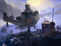 Rule 34 | 6+others, brush stroke, building, cloud, cloudy sky, day, fantasy, flying, highres, ian mcque, multiple others, original, outdoors, painting (medium), scenery, shed, sky, traditional media, windmill