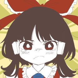 Rule 34 | 1girl, bad id, bad twitter id, blush, closed mouth, commentary request, crying, crying with eyes open, frown, hair ribbon, hakurei reimu, looking at viewer, nose blush, portrait, red eyes, red ribbon, red vest, ribbon, sasa kichi, short hair, solo, tears, touhou, vest