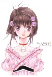 Rule 34 | 1girl, blush, brown eyes, brown hair, choker, copyright name, frills, inomata mutsumi, light smile, lipstick, makeup, official art, reala (tales), short hair, solo, tales of (series), tales of destiny 2, white background