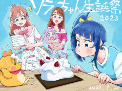 2023 4girls ^^^ aqua_eyes asymmetrical_bangs bird birthday birthday_cake blowing_candle blue_eyes blue_hair blue_shirt bow brown_hair cake carrying character_name child_carry cut_bangs dated dress ellee-chan flying_sweatdrops food frown green_eyes grey_shorts gya-tei hair_bow hair_bun highres hijiri_ageha hirogaru_sky!_precure holding holding_plate leaning_forward long_hair looking_at_another medium_hair mirage_pen multiple_girls nijigaoka_mashiro off-shoulder_shirt off_shoulder open_mouth pink_hair pink_shirt plate precure purple_eyes purple_hair raglan_sleeves shirt short_dress short_sleeves shorts side_ponytail single_hair_bun smile sora_harewataru standing sweatdrop t-shirt translated white_dress yellow_bow yuunagi_tsubasa yuunagi_tsubasa_(bird)