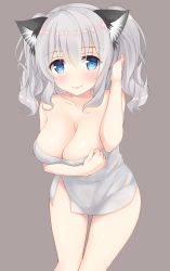 Rule 34 | 10s, 1girl, absurdres, alternate costume, animal ears, bad id, bad twitter id, blue eyes, breasts, cleavage, go-1, grey background, highres, kantai collection, kashima (kancolle), kemonomimi mode, large breasts, long hair, looking at viewer, solo, white background