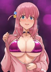 Rule 34 | 1girl, bikini, black choker, blue eyes, blush, bocchi the rock!, breasts, breasts out, choker, cleavage, clothes pull, collarbone, cube hair ornament, dress, embarrassed, fingernails, gotoh hitori, hair between eyes, hair ornament, halter dress, halterneck, heart, heart choker, highres, jacket, jacket pull, large breasts, long fingernails, long hair, long sleeves, looking at viewer, nail polish, nervous smile, one side up, open clothes, open jacket, open mouth, partially unzipped, pink hair, pink jacket, pink nails, pulled by self, skindentation, smile, solo, strap gap, string bikini, sweat, swimsuit, twogie, underboob, very long hair, zipper pull tab