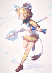 Rule 34 | 1girl, absurdres, akuma (st.takuma), animal ear fluff, animal ears, antlers, blonde hair, blue eyes, blush, brown footwear, commentary request, crescent, crescent hair ornament, full body, grey background, hair between eyes, hair ornament, highres, holding, holding weapon, horns, kemono friends, kneehighs, loafers, long sleeves, looking at viewer, multicolored hair, pleated skirt, ponytail, shadow, shirt, shoes, short hair, sivatherium (kemono friends), skirt, socks, solo, standing, standing on one leg, sweater vest, tail, two-tone hair, v-shaped eyebrows, weapon, white hair, yellow shirt, yellow skirt, yellow socks