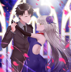 Rule 34 | 1boy, 1girl, ahoge, alternate costume, ass, back, bare shoulders, black gloves, black hair, black necktie, black pants, black suit, blush, breasts, buttons, closed eyes, closed mouth, clothing cutout, command spell, commentary request, dancing, dress, elbow gloves, fate/grand order, fate (series), floating hair, flower, formal, from side, fujimaru ritsuka (male), fujimaru ritsuka (male) (royal brand), gloves, grey hair, grey shirt, hair flower, hair ornament, hand on another&#039;s hip, hand on another&#039;s shoulder, holding hands, jeanne d&#039;arc alter (avenger) (fate), jeanne d&#039;arc alter (fate), long hair, long sleeves, looking at another, medium breasts, naomi (fantasia), necktie, official alternate costume, pants, petals, profile, purple dress, purple flower, shirt, short hair, sleeveless, sleeveless dress, smile, strapless, strapless dress, suit, very long hair, waltz (dance), yellow eyes