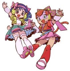 Rule 34 | 1990s (style), 2girls, android, animal ears, blue eyes, blue hair, bow, cat ears, cat tail, fang, holding hands, horns, idol, joints, kyatto ninden teyandee, multiple girls, omitsu (kyatto ninden teyandee), panties, pantyshot, pururun (kyatto ninden teyandee), ramb chop, red eyes, red hair, retro artstyle, robot joints, skirt, tail, underwear, upskirt, waving