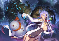 Rule 34 | 1girl, :o, blue eyes, breasts, bridal gauntlets, cleavage, garter straps, golem, isabelle (shadowverse), large breasts, long hair, magic, multicolored hair, official art, open mouth, purple hair, shadowverse, snowman, solo, two-tone hair, white hair, zimajiang