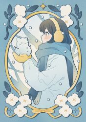 Rule 34 | 1girl, black hair, blue border, blue jacket, blue scarf, blue theme, blush, border, commentary request, earmuffs, flower, flower (symbol), from side, grey eyes, hands up, highres, holding, holding snowman, jacket, long sleeves, looking ahead, looking at object, mittens, nahara saki, original, ornate border, profile, scarf, short hair, solo, sparkle, white flower, yellow mittens