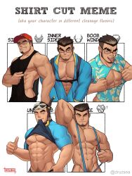 Rule 34 | 1boy, abs, absurdres, artist name, bara, bare pectorals, baseball cap, black hair, blue shirt, closed mouth, clothes lift, collared shirt, english text, eyebrow cut, facial hair, glasses, hat, hawaiian shirt, helbai, highres, large pectorals, male focus, male pubic hair, meme, multiple drawing challenge, muscular, muscular male, nipples, one eye closed, original, pectorals, pubic hair, shirt, shirt cut meme, shirt lift, short hair, sidepec, smile, tongue, tongue out, upper body