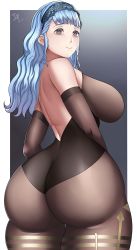Rule 34 | 1girl, absurdres, arcedo, ass, ass focus, bare shoulders, blue hair, breasts, cosplay, elbow gloves, fire emblem, fire emblem: three houses, from behind, ganyu (genshin impact), ganyu (genshin impact) (cosplay), genshin impact, gloves, hairband, highres, huge ass, huge breasts, leotard, long hair, looking at viewer, marianne von edmund, nintendo, pantyhose, purple eyes, shiny clothes, shiny skin, sideboob, smile, solo, thick thighs, thighs