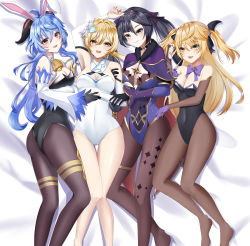 Rule 34 | 4girls, absurdres, ahoge, alternate costume, animal ears, artist request, ass, bare shoulders, black hair, black pantyhose, blonde hair, blue hair, blush, breasts, commission, detached collar, detached sleeves, fischl (genshin impact), flower, ganyu (genshin impact), genshin impact, gloves, green eyes, hair between eyes, hair flower, hair ornament, hair ribbon, highres, horns, large breasts, leotard, long hair, looking at viewer, lumine (genshin impact), lying, mona (genshin impact), multiple girls, neck bell, on back, on side, open mouth, orange eyes, pantyhose, pixiv commission, playboy bunny, purple eyes, rabbit ears, ribbon, shiny clothes, shiny skin, simple background, smile, thighs, twintails, very long hair