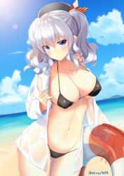 Rule 34 | 10s, 1girl, alternate costume, beach, beret, bikini, black bikini, blue eyes, blue sky, blurry, blush, breasts, cleavage, cloud, cloudy sky, collarbone, colored eyelashes, covered erect nipples, cowboy shot, day, depth of field, dress shirt, dutch angle, fingernails, hair between eyes, hat, highres, hip focus, holding, innertube, kantai collection, kashima (kancolle), large breasts, lens flare, light particles, light smile, long fingernails, long hair, looking at viewer, md5 mismatch, mirea, navel, ocean, outdoors, renka (llawliet39), revision, see-through, shirt, silver hair, sky, smile, solo, sun, sunlight, swim ring, swimsuit, twintails, unbuttoned, unbuttoned shirt, wavy hair, wet, wet clothes, white shirt