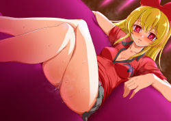 Rule 34 | 1girl, blonde hair, bow, couch, dokidoki! precure, dutch angle, hair bow, katou techu, legs, crossed legs, long hair, looking at viewer, pink eyes, polo shirt, precure, regina (dokidoki! precure), sitting, smile, solo, steam, sweat