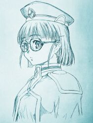 Rule 34 | 1girl, absurdres, arms at sides, beret, blue background, bob cut, breasts, cloak, closed mouth, commentary, continental magic association receptionist (sousou no frieren), cropped torso, expressionless, from side, gem, glasses, gmbh, gradient background, hat, highres, looking at viewer, looking to the side, medium breasts, monochrome, paper texture, short hair, sidelocks, simple background, sketch, solo, sousou no frieren, traditional media, white background