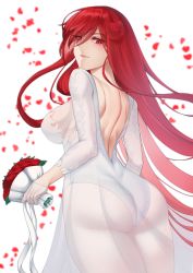 Rule 34 | 1girl, absurdres, ass, back, bouquet, breasts, bride, closed mouth, cojohn, dress, fate/grand order, fate (series), flower, gloves, hair ornament, highres, holding, holding bouquet, large breasts, long hair, looking at viewer, oda nobunaga, oda nobunaga (fate), oda nobunaga (maou avenger) (fate), red eyes, red hair, rose, sideboob, very long hair, wedding dress, white background