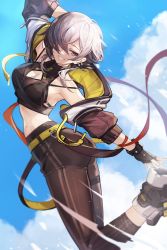 Rule 34 | 1girl, arm up, armpits, bare shoulders, black gloves, black shirt, breasts, brown jacket, brown pants, cleavage, cleavage cutout, clothing cutout, cloud, crop top, cropped jacket, fingerless gloves, gloves, goomrrat, grey hair, grin, hair over one eye, highres, jacket, looking at viewer, medium breasts, midriff, navel, off shoulder, open clothes, open jacket, original, outdoors, pants, purple eyes, shirt, shoes, short hair, sleeveless, sleeveless shirt, smile, sneakers, solo