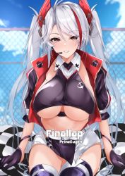 Rule 34 | 1girl, azur lane, belt, blue sky, breasts, chain-link fence, checkered flag, clothing cutout, cropped jacket, cropped shirt, earpiece, fence, flag, gloves, grin, half gloves, headgear, highres, looking at viewer, mole, mole on breast, multicolored hair, mutou mame, official alternate costume, outdoors, prinz eugen (azur lane), prinz eugen (final lap) (azur lane), race queen, racetrack, silver hair, sitting, sky, smile, streaked hair, thighhighs, two-tone skirt, underboob cutout, white belt, yellow eyes