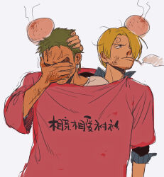 Rule 34 | 2boys, absurdres, anger vein, blonde hair, clothes writing, collared shirt, curly eyebrows, facepalm, facial hair, goatee, green hair, hair over one eye, head bump, highres, male focus, multiple boys, no.6 (numberr 6), one piece, pink shirt, roronoa zoro, sanji (one piece), shared shirt, shirt, short hair, smoking, translation request, upper body