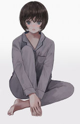 Rule 34 | 1girl, absurdres, bad id, bad pixiv id, barefoot, blue eyes, brown hair, commentary, fang, highres, leg up, looking at viewer, maoyasumisumi, open mouth, original, pajamas, short hair, simple background, sitting, solo