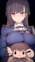 Rule 34 | 1girl, absurdres, ascot, black background, black hair, blue shirt, blush, breasts, brooch, brown eyes, character doll, closed mouth, commander (nikke), crop top, doll, earrings, epaulettes, goddess of victory: nikke, haoni, highres, jewelry, large breasts, long hair, long sleeves, marciana (nikke), name tag, shirt, simple background, single earring, solo, straight hair, stuffed toy, uniform, upper body, very long hair, wavy mouth, white ascot