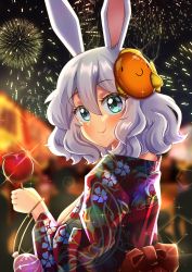Rule 34 | 1girl, absurdres, acefish, blue eyes, blurry, blurry background, candy apple, festival, fireworks, floral print, food, grey hair, hair between eyes, highres, japanese clothes, kimono, mary (acefish), medium hair, night, night sky, original, rabbit girl, red kimono, sky, smile, solo, standing, upper body, water yoyo