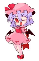 Rule 34 | 1girl, ;d, ascot, bare legs, bat wings, bow, dress, hat, mob cap, one eye closed, op na yarou, open mouth, pink dress, pink headwear, red bow, red eyes, red footwear, red ribbon, remilia scarlet, ribbon, sash, short dress, short sleeves, simple background, smile, touhou, underskirt, white background, wings