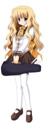 Rule 34 | 1girl, artist request, blonde hair, blue eyes, blush, bow, flat chest, full body, highres, long hair, long sleeves, looking at viewer, mary janes, ribbon, school uniform, shoes, simple background, skirt, smile, solo, standing, thighhighs, violin case, white background