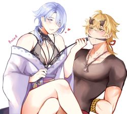 Rule 34 | 2boys, arms behind back, artist name, bare shoulders, bite mark, black gloves, black shirt, blonde hair, blue eyes, blue hair, blush, bound, bound arms, closed mouth, collarbone, commentary request, crossdressing, crossed legs, dog tags, drooling, earrings, fffmeldelotp, gagged, genshin impact, gloves, green eyes, headgear, heart, heart-shaped pupils, highres, japanese clothes, jewelry, kamisato ayato, kimono, lingerie, long sleeves, male focus, mole, mole under mouth, multiple boys, obi, obiage, obijime, ponytail, raiden shogun, riding crop, rope, sash, shirt, short sleeves, simple background, sitting, sitting on lap, sitting on person, smile, stud earrings, symbol-shaped pupils, thoma (genshin impact), underwear, white background, wide sleeves, yaoi