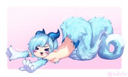 Rule 34 | &gt; &lt;, 1girl, :3, :d, animal hands, arched back, artist name, blue hair, blush, breasts, cat stretch, chibi, commentary, commission, english commentary, flora (mgl139), fluffy, full body, fur, horns, iwbitu, lamia, medium breasts, monster girl, open mouth, original, pointy ears, scales, smile, solo, stretching, twitter username, x3, xd