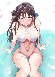 Rule 34 | 1girl, absurdres, akuakuran, arms at sides, azur lane, bad hands, blue eyes, blush, breasts, brown hair, bubble, commission, hairband, highres, lace-trimmed hairband, lace trim, large breasts, long hair, monokini, navel, newcastle (azur lane), sitting, skeb commission, swimsuit, thighs