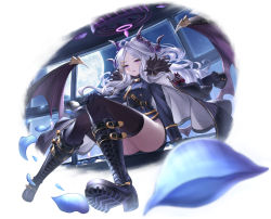 Rule 34 | 1girl, armband, black thighhighs, blue archive, boots, commentary request, full moon, halo, hina (blue archive), horns, looking at viewer, mechanical halo, military, military uniform, moon, night, purple eyes, silver hair, sitting, solo, tazaki hayato, thighhighs, thighs, uniform
