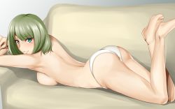 Rule 34 | 10s, 1girl, arched back, ass, barefoot, blue eyes, breast press, breasts, couch, feet up, from side, green eyes, green hair, heterochromia, highres, idolmaster, idolmaster cinderella girls, long legs, looking at viewer, lying, matching hair/eyes, medium breasts, mole, mole under eye, on stomach, panties, shaito, short hair, sketch, smile, solo, takagaki kaede, the pose, topfreedom, topless, underwear, underwear only, white panties
