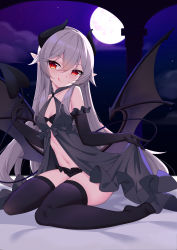 Rule 34 | 1girl, absurdres, bare shoulders, black gloves, black thighhighs, breasts, demon girl, elbow gloves, full moon, gloves, grey hair, hair between eyes, highres, licking lips, low wings, moon, navel, night, original, pointy ears, red eyes, rx7649, small breasts, solo, thighhighs, tongue, tongue out, wings