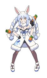 Rule 34 | 1girl, :d, animal ears, bad id, bad twitter id, bare shoulders, black gloves, black leotard, blue hair, bow, braid, carrot hair ornament, creatures (company), don-chan (usada pekora), food-themed hair ornament, game freak, gloves, hair between eyes, hair bow, hair ornament, hand on own hip, highres, hololive, hololive fantasy, leotard, looking at viewer, mary janes, nintendo, open mouth, pantyhose, poke ball, pokemon, rabbit ears, shoes, simple background, smile, solo, thick eyebrows, twin braids, usada pekora, usada pekora (1st costume), valefal coneri, virtual youtuber, white background, white bow, white footwear