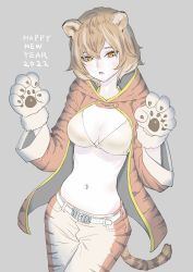 Rule 34 | 1girl, 2022, animal ears, animal print, belt, belt buckle, bikini, bikini top only, breasts, buckle, chinese zodiac, claw pose, cleavage, cowboy shot, fur-trimmed gloves, fur trim, gloves, grey background, hands up, happy new year, highres, hood, hoodie, light brown hair, midriff, multicolored hair, navel, new year, open clothes, orange eyes, original, pants, parted lips, peco (pockleberry), solo, streaked hair, swimsuit, tail, tiger ears, tiger print, tiger tail, year of the tiger