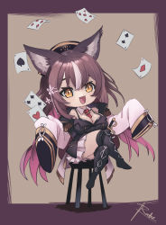 Rule 34 | 1girl, absurdres, animal ears, between breasts, black footwear, black vest, boots, breasts, brown eyes, brown hair, card, chibi, chisaka airi, cleavage, eyebrows visible through hat, gradient hair, highres, jacket, large breasts, multicolored hair, necktie, phase connect, pink hair, playing card, red necktie, roober, second-party source, sitting, sleeves past wrists, solo, thigh boots, vest, virtual youtuber, white jacket, wolf ears