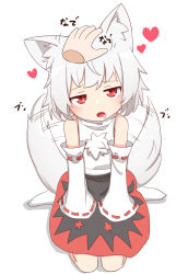 Rule 34 | 1girl, animal ears, blush, check commentary, commentary, commentary request, detached sleeves, drooling, half-closed eyes, hand on another&#039;s head, head tilt, headpat, heart, highres, inubashiri momiji, kneeling, looking at viewer, nihohohi, open mouth, pov, pov hands, red eyes, short hair, simple background, socks, solo, tail, tail wagging, touhou, white background, white hair, white socks, wolf ears, wolf tail