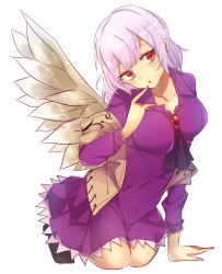 Rule 34 | 1girl, :o, ascot, blush, breasts, brooch, commentary request, dress, feathered wings, finger to mouth, grey wings, jacket, jewelry, kishin sagume, kneeling, konnyaku (yuukachan 51), light purple hair, long sleeves, looking at viewer, medium breasts, open clothes, open jacket, purple dress, red eyes, short hair, single wing, solo, touhou, wings