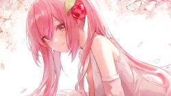 Rule 34 | 1girl, bad id, bad twitter id, bare shoulders, cherry blossoms, dasha, hair ornament, hatsune miku, highres, long hair, looking at viewer, petals, pink hair, pink ribbon, red eyes, ribbon, sakura miku, smile, solo, twintails, voiceroid