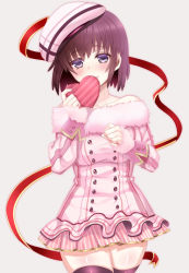 Rule 34 | 1girl, alternate costume, bare shoulders, beret, black thighhighs, blush, box, brown hair, candy, chocolate, chocolate heart, coat, collarbone, food, fur coat, gift, gift box, grey background, grey eyes, hat, heart, long sleeves, looking at viewer, nishio rina, ootani mikoto, ribbon, shiny skin, short hair, simple background, skirt, smile, solo, soukyuu no fafner, thighhighs, valentine