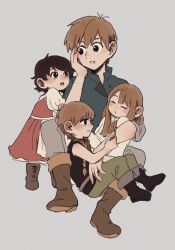 Rule 34 | 1900002, 1boy, 3girls, armor, bare arms, bare shoulders, belt, black footwear, black hair, black shirt, boots, braid, brown footwear, brown hair, chilchuck tims, child, clinging, closed eyes, dress, dungeon meshi, eye contact, father and daughter, fullertom (dungeon meshi), green pants, grey background, halfling, hand on own cheek, hand on own face, head rest, highres, holding, invisible chair, knee boots, leaning on person, leather armor, looking at another, looking to the side, mayjack (dungeon meshi), multiple girls, packpatty (dungeon meshi), pants, profile, puffy short sleeves, puffy sleeves, red dress, shirt, shoe soles, short hair, short sleeves, siblings, simple background, sisters, sitting, sitting on lap, sitting on person, sleeping, sleeping upright, sleeveless, sleeveless shirt, sleeves rolled up, twin braids, twintails, white dress, white shirt