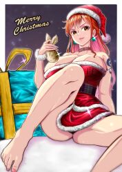 Rule 34 | 1girl, absurdres, barefoot, breasts, christmas, highres, large breasts, long hair, mifenami, nami (one piece), one piece, orange hair, solo