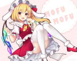 Rule 34 | 1girl, animal ears, ascot, back bow, bat wings, blonde hair, blush, bow, collar, convenient leg, crystal, fake animal ears, fang, flandre scarlet, frilled collar, frilled skirt, frills, full body, fur cuffs, hair bow, hands up, happy, hat, knees together feet apart, knees up, leaning back, legs, long hair, looking at viewer, mob cap, open mouth, paw pose, pink background, polka dot, polka dot background, puffy short sleeves, puffy sleeves, rabbit ears, rainbow order, red bow, red eyes, red footwear, red shirt, red skirt, ruhika, shiny skin, shirt, short sleeves, side ponytail, simple background, sitting, skirt, smile, solo, thighhighs, thighs, touhou, twitter username, white bow, white collar, white hat, white thighhighs, white wrist cuffs, wings, wrist cuffs, yellow ascot, zettai ryouiki
