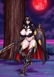 1girl abremson armor bikini bikini_armor black_hair breast_tattoo breasts brown_eyes bush cape cleavage cleavage_cutout clothing_cutout cloud curvy dark_demon_realm_(monster_girl_encyclopedia) demon_girl demon_realm_(monster_girl_encyclopedia) full_moon heart heart_tattoo high_heels huge_breasts lilim_(monster_girl_encyclopedia) long_hair looking_at_viewer mole monster_girl monster_girl_encyclopedia moon night original pale_skin red_moon revealing_clothes shadow shield smile swimsuit sword tattoo thick_thighs thighs thong tree water weapon wide_hips