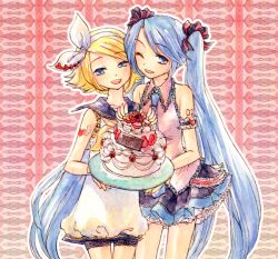 Rule 34 | 2girls, a-gatha, bad id, bad pixiv id, cake, food, fruit, hatsune miku, kagamine rin, long hair, multiple girls, one eye closed, pastry, strawberry, twintails, very long hair, vocaloid, wink