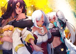 Rule 34 | 3girls, absurdres, alabama (azur lane), azur lane, bare shoulders, belt, black hair, bodypaint, bracelet, braid, clothes writing, commentary request, dark-skinned female, dark skin, dated, day, eating, facepaint, facial mark, feather hair ornament, feathers, food, forehead mark, ginkgo leaf, hair ornament, highres, holding, holding food, huge filesize, jewelry, leaf, long hair, massachusetts (azur lane), midriff, multiple girls, native american, navel, necklace, open mouth, outdoors, red eyes, reku hisui, sidelocks, signature, silver hair, south dakota (azur lane), sweet potato, twintails, very long hair, watch, wristwatch, yellow background, yellow belt, yellow eyes