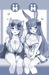 Rule 34 | 2girls, :d, animal ear fluff, animal ears, arknights, ayagi daifuku, bare arms, bare shoulders, bikini, bikini skirt, blue theme, blush, bow, braid, breasts, cleavage, collarbone, cropped legs, eyewear on head, hair bow, heart, highres, hug, invisible chair, jewelry, large breasts, leaning forward, long hair, long sleeves, looking at viewer, material growth, monochrome, multiple girls, navel, necklace, nose blush, official alternate costume, open clothes, open mouth, oripathy lesion (arknights), purple theme, rabbit ears, rope (arknights), rope (summer flowers) (arknights), round eyewear, short shorts, shorts, sitting, skindentation, smile, stomach, straight hair, strapless, strapless bikini, striped bikini, striped clothes, sunglasses, swept bangs, swimsuit, twin braids, utage (arknights), utage (summer flowers) (arknights), vertical-striped bikini, vertical-striped clothes, very long hair